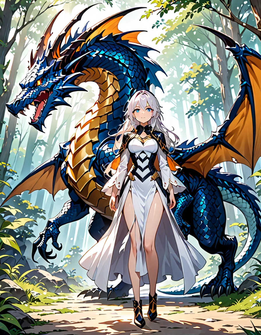 (((masterpiece, best quality, high detailed, 16k))) hzk (1girl) A fierce dragon rider with wild, icy white hair and light blueeyes. She wears a suit of dragon-scale armor that shimmers in shades of black and white, and a large sword is strapped to her back. She stands confidently beside her dragon, her hand resting on its massive neck. ((full body view))