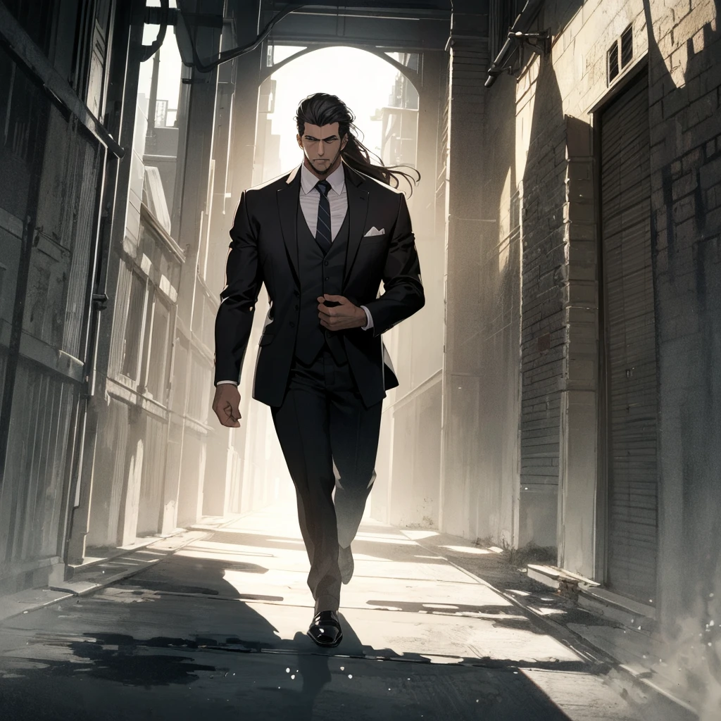  Book cover illustration, a woman with long hair, thin, facing a handsome, imposing man, wearing dark suit, in an environment with shadows.
