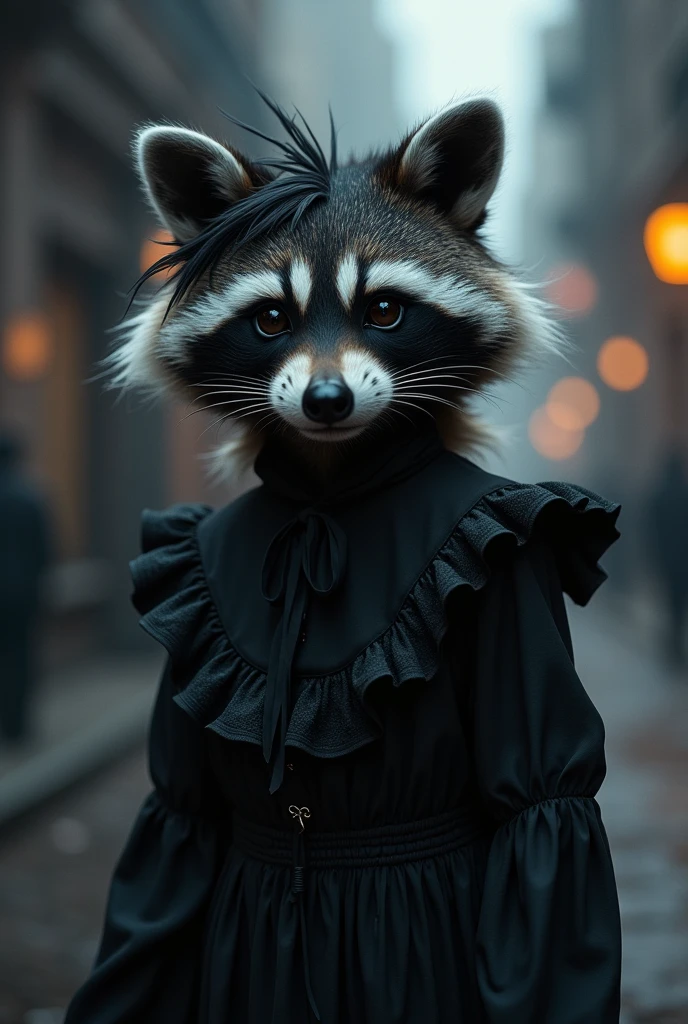 make an image of a goth raccoon
With a fringe on its head, and the emo blouse