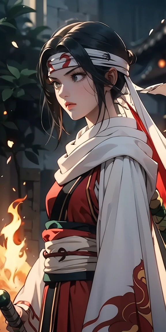 masterpiece, highest quality, 1 girl, Create a dynamic portrait of a young Japanese warrior woman in three-quarter view, facing slightly to the right. Her eyes are closed in deep concentration, eyebrows slightly furrowed. Long, silky black hair is tied high on her head, with a few strands escaping to frame her face. A white headband with a round green gem sits on her forehead. Her pale skin has a soft glow, with a hint of pink on her cheeks and lips. She wears a white kosode (kimono-style top) with wide sleeves and a red hakama (pleated skirt-like pants). A green and yellow obi (sash) is tied around her waist. Dark arm wraps cover her forearms. She grips a katana with both hands, the blade crossing diagonally in front of her body from lower left to upper right. The sword's hilt is ornate, featuring green wrapping and gold accents. The character is in motion, her clothing and hair flowing dramatically. White and red fabric billows behind her, creating sweeping curves that contrast with the straight line of the sword. The background is dark and atmospheric, with hints of orange and red suggesting fire or embers. Sparks or small flames float in the air around her. Lighting is dramatic, with a strong light source from the upper left casting shadows and creating a rim light effect on the character's right side. The overall style should blend traditional Japanese art with modern fantasy illustrations, emphasizing clean lines and a sense of movement and power.
