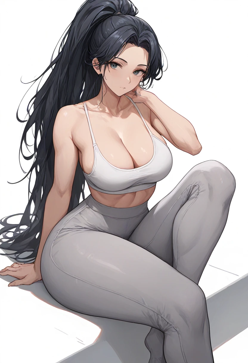 Score_9,score_8_up,score_7_up,1girl,solo,white background,sports bra, spaghetti strap,cleavage,big_breasts,looking_at_viewer,long hair, high ponytail, grey pants,yoga pants,haren pants,high waist,side slit,thick thighs,slab sitting,fashion dress, naked