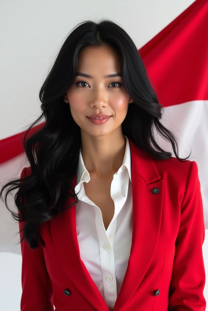 Portrait, Beauty Woman, Long Hair, Black Hair, Hold Indonesian Flag, Shirt, Focus Camera, Blazer Red, Tie, White Background