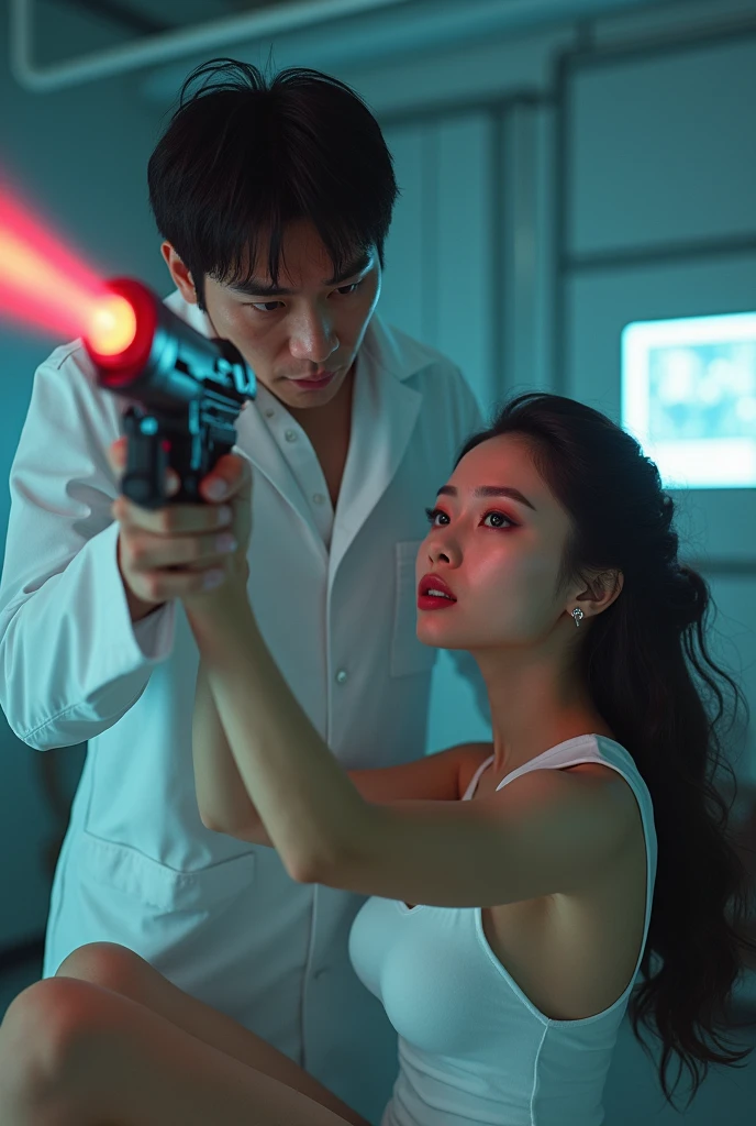 A sexy japanese scientist shoots a sexywhite girl with a laser gun