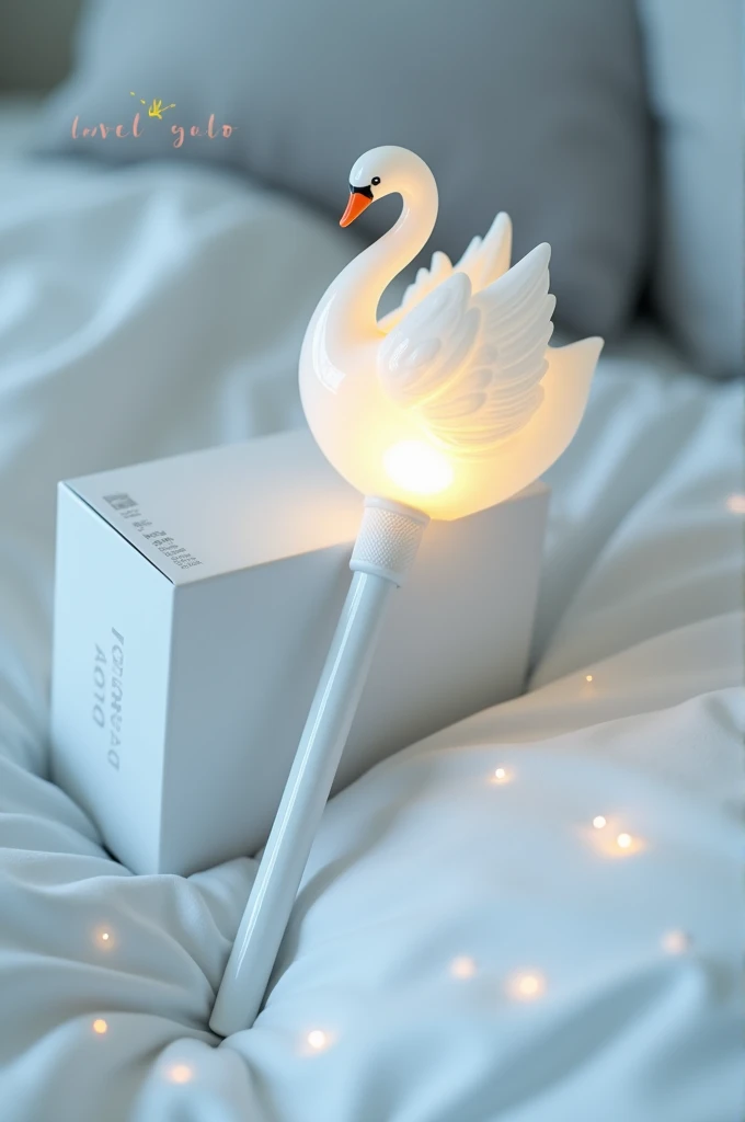 Kpop LightStick detailed white glossy cable with swan shapes on top and white box on the side, o LightStick na cama e em cima escrito "ceslestial"