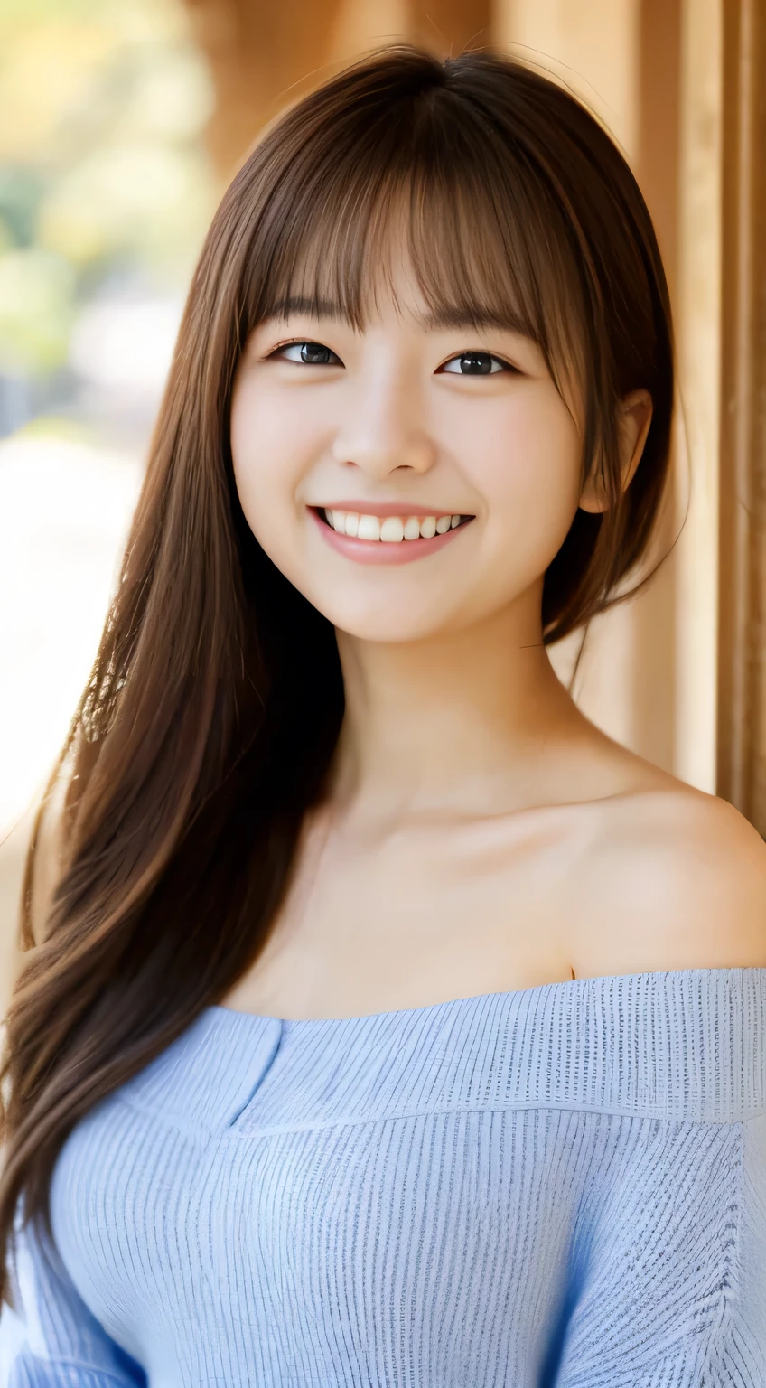 masterpiece,best quality,(Japanese girl),((Beautiful girl)),cleavage,(off shoulder:1.2),(perfect body beauty:1.2),(shy smile),beautiful teeth,From slightly above