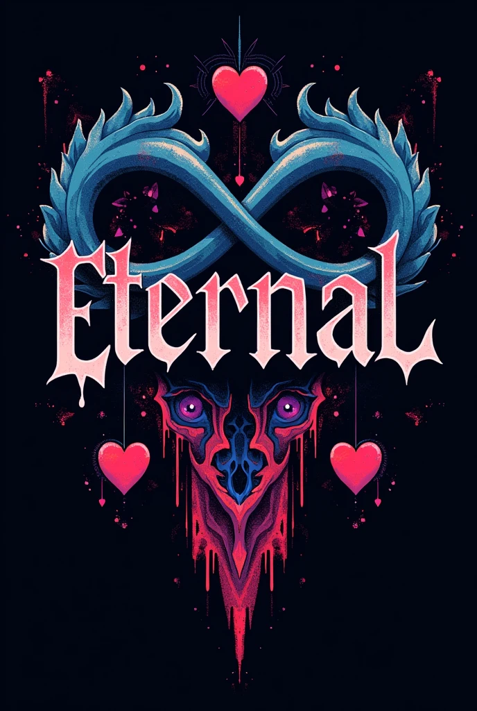 A logo with the word Eternal for a minimalist hardcore emo rock band and a combination of surreal colors and striking lettering, with an infinity sign in the background and heart signs