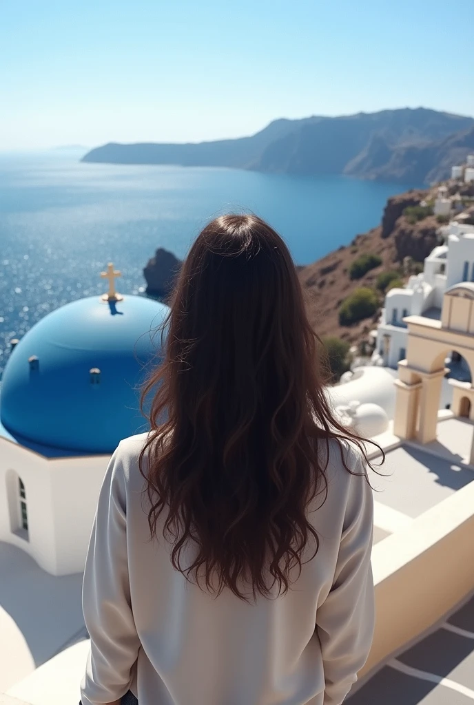 Santorini Island Blue building fair skin Long dark brown hair, loose curls Back view short white jacket seen from behind
INFO
