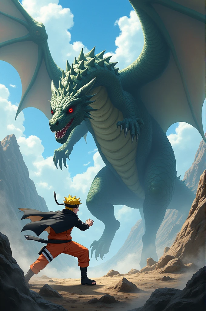 Generate a Naruto vs a giant dragon