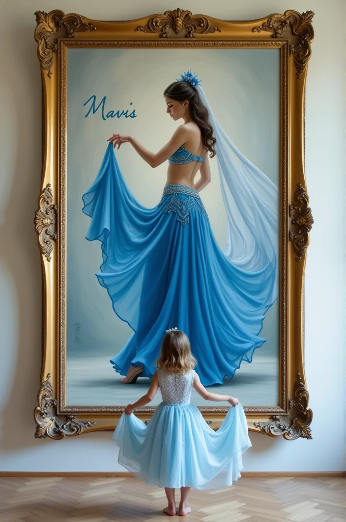 "Art imitates life "A painting on the wall with a gold frame of a belly dancer in a blue outfit, with a white veil in her hand with the word Mavis written in blue and in front of the painting a child looking at the painting doing the same pose as the belly dancer also with a veil in her hand imitating the photo with the angle facing the painting