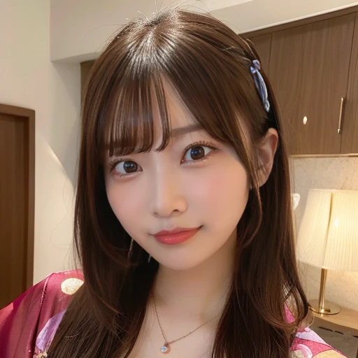 masterpiece, Best Quality,, Ultra-detailed, finely detail, hight resolution,1girl, solo, very long hair, looking at viewer, smile, brown eyes, open mouth, blush, bedroom, bangs, necklace, yukata clothes, 、nogizaka、Beautiful black eyes:1.3、17-year-old, red head, absurdrez, ultra detali, high qualiy, work of art, face detailed, gorgeous eyes(detailedeyes), a face of perfect proportions