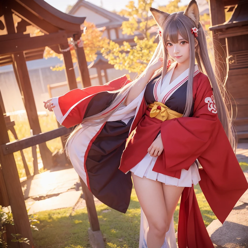 A high school girl wearing a shrine maiden outfit with large breasts, fox ears and a bushy tail. Anime style illustrations