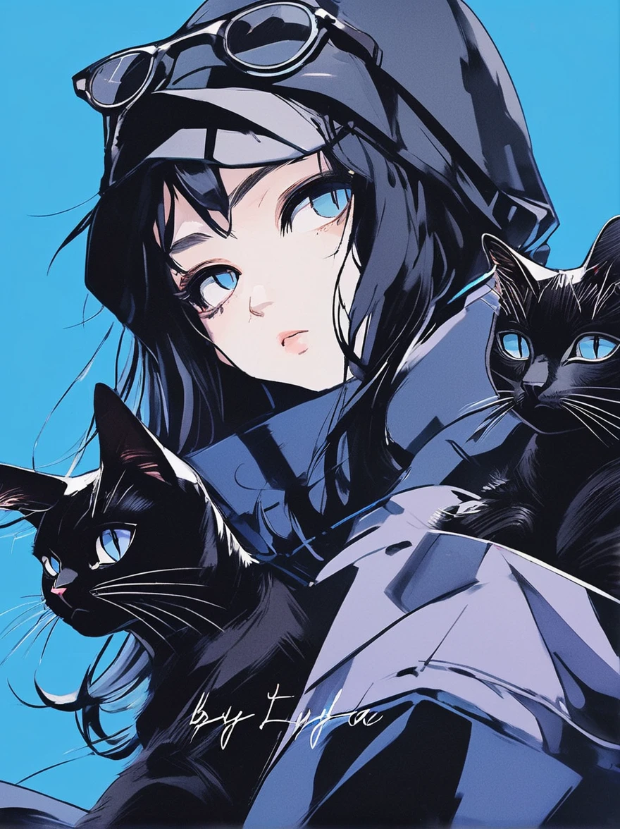 Anime girl with black cat on blue background, Portrait of goth cat girl, cat woman, Anime style illustration, Anime style 4k, anime style portrait, Ilya Kuvshinov sty. 4k, cat woman, Artem and Ilya Kuvshinov, Emo girl and her , long hair beautiful anime catgirl, style of anime, style of anime. 8K