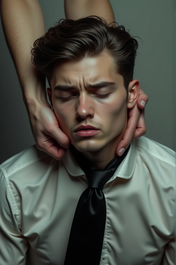 a satin black tie constricts the glossy throat, Beautiful, an adult young man with a thin body, the young man's face is elongated, beautiful, худое, Without makeup, without a beard, the face expresses strong suffocation, eyes closed, black, the young man's wet hair is combed to the right, male, thin, a hairy hand holds the young man's tie from above, squeezing his neck