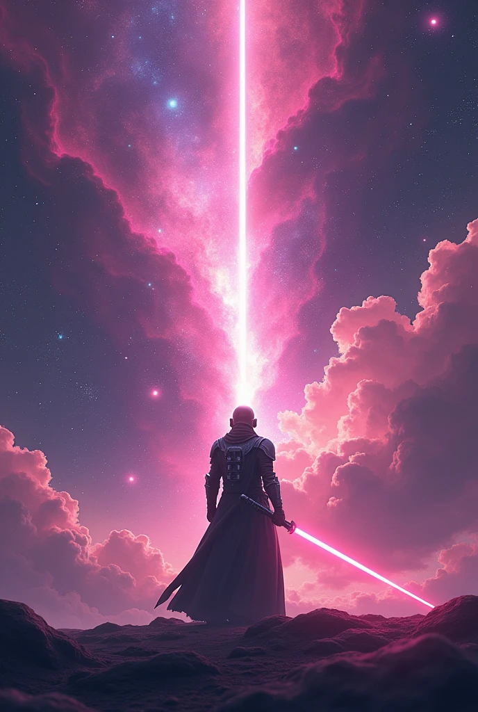 8 K, Cinematic Anime like Image of warrior holding lightsaber in space full of nebula and star in background pink background