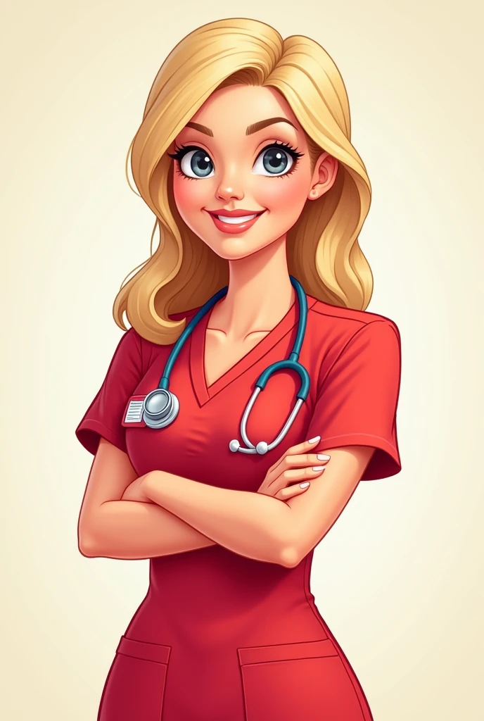 Create a cartoon illustration, normal build of a woman in red doctor's clothing, blond hair
