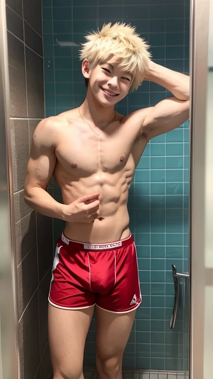 Japanese high school boy、、Well-developed muscles and smooth skin、Pale blonde hair, spiky like Bakugou、Light red boxer briefs、The whole body is visible from toes to head、In a public shower room、Hero Academy、A cheerful smile、looking at the camera