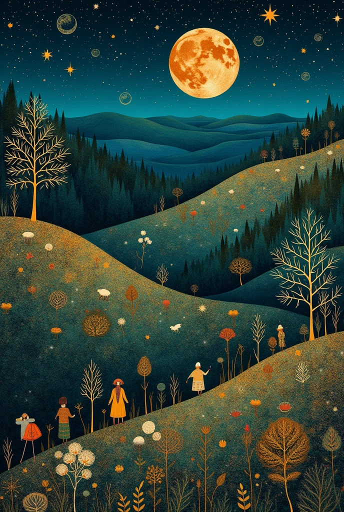 The painting depicts a serene, stylized landscape in the manner of Gustav Klimt, blending elements of European and Sami mythology. The scene features rolling hills and dense forests rendered in deep, rich greens and blues. Intricate, golden patterns reminiscent of Klimt's signature style adorn the trees and foliage. In the foreground, figures in traditional Sami clothing are seen engaged in harmonious activities with nature. The sky is a deep, clear indigo, dotted with luminous stars forming constellations from both European and Sami lore. A sense of peaceful anarchy permeates the scene, with no visible hierarchy or structures of authority. The overall color scheme is dark yet soothing, with jewel-toned hues that are easy on the eye. The painting exudes a folksy, utopian atmosphere that celebrates the connection between humans and nature.