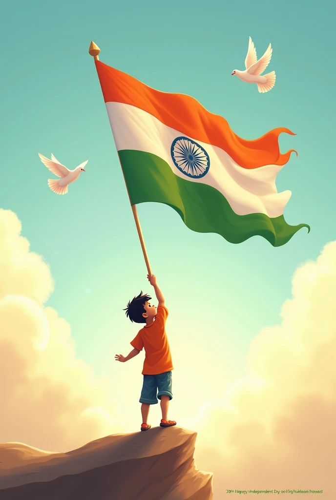 A boy take a Indian Flag and take it high and flag flay Freely and 2 Pigeons flay both sides and Write over 78th Happy Independence day with little small letters 15th August by warm regards by Byomokesh Prusty
