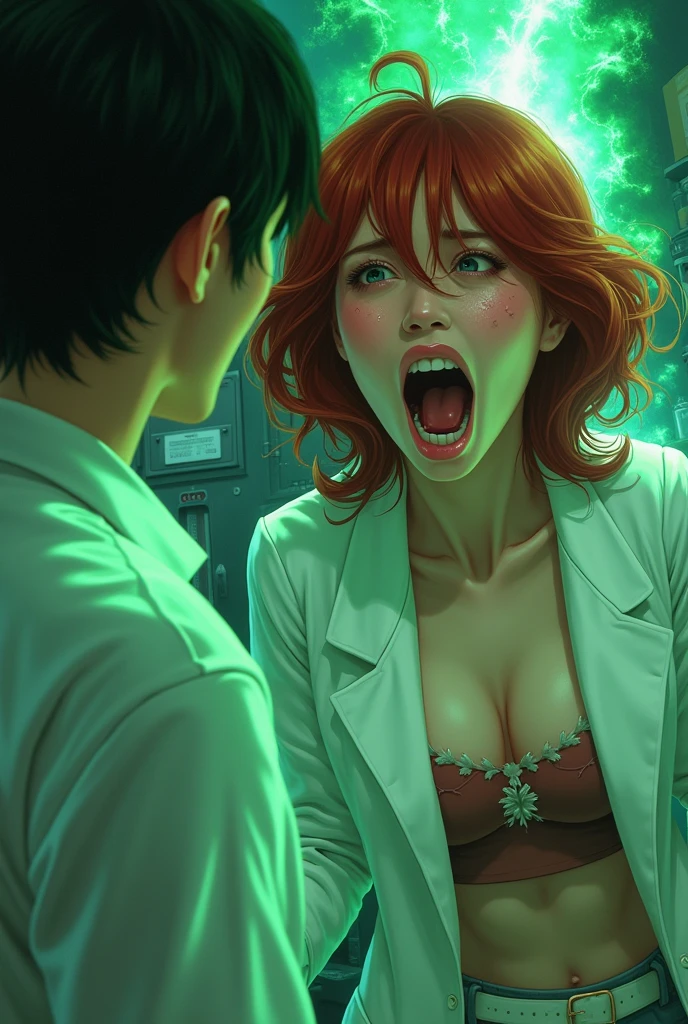 A sexy japanese scientist in a labcoat is shooting a red headed sweaty screaming white bimbo with a ray gun. A green glow surrounds the bimbo