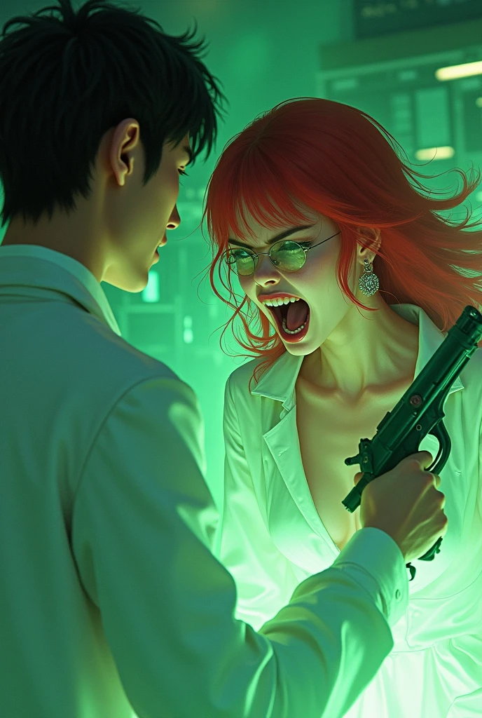 A sexy japanese scientist in a labcoat is shooting a red headed sweaty screaming white bimbo with a ray gun. A green glow surrounds the bimbo