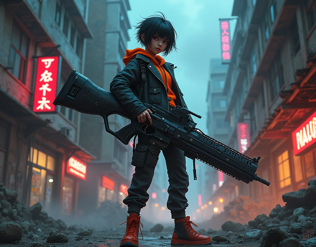 A cool, confident girl with a rebellious attitude, standing in an urban, post-apocalyptic environment. She has short, messy hair, a fierce expression, and is casually shouldering a gigantic, massively overiszed futuristic weapon. The weapon should be 3 times the size of the girl. Her outfit is a mix of cyberpunk and street style, with neon accents, leather, and metallic details. The background is a gritty cityscape with crumbling buildings, graffiti-covered walls, and flickering neon signs. The sky is dark and ominous, with a few beams of light cutting through the clouds. The atmosphere is tense, with a sense of impending action, and the scene is filled with small details like scattered debris, smoldering ruins, and distant city lights