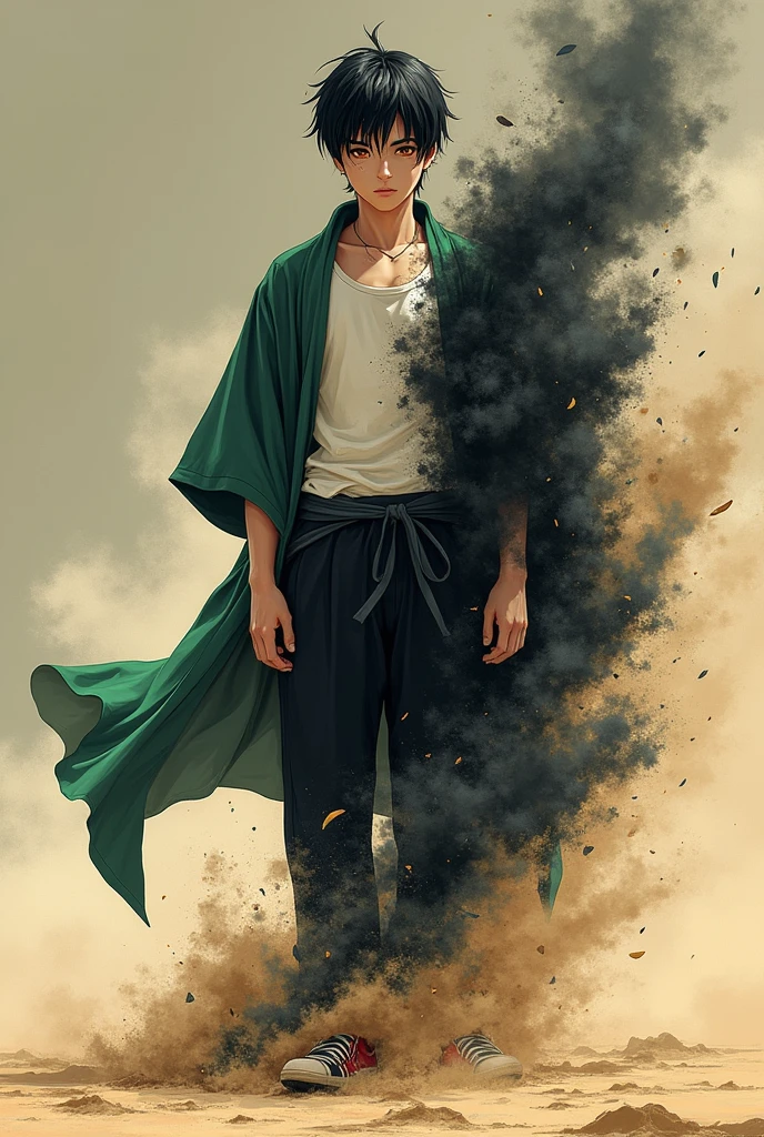 Create an illustration of an 18-19 year old boy, with short black hair and orange eyes, scar on the left side of his face, skin fair, wearing an open green haori, white undershirt, black pants and a pair of red and black sneakers, transforming his right side into black sand and manipulating a black sandstorm.