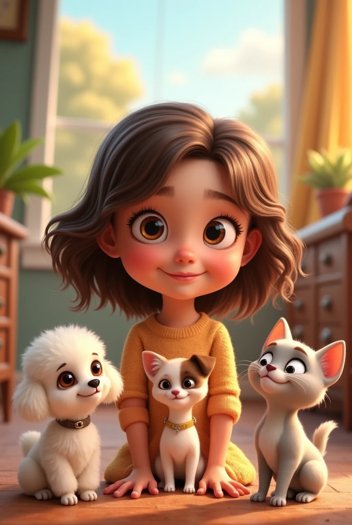 Girl with the following physical characteristics: brown wavy hair, large eyes, round, rosy cheeks. Must have three pets: a white poodle, A small, white, short-haired Chihuahua with a circular brown spot around one eye, and also a light gray cat with white that goes like a line from the eyes to the whole muzzle.. Animated