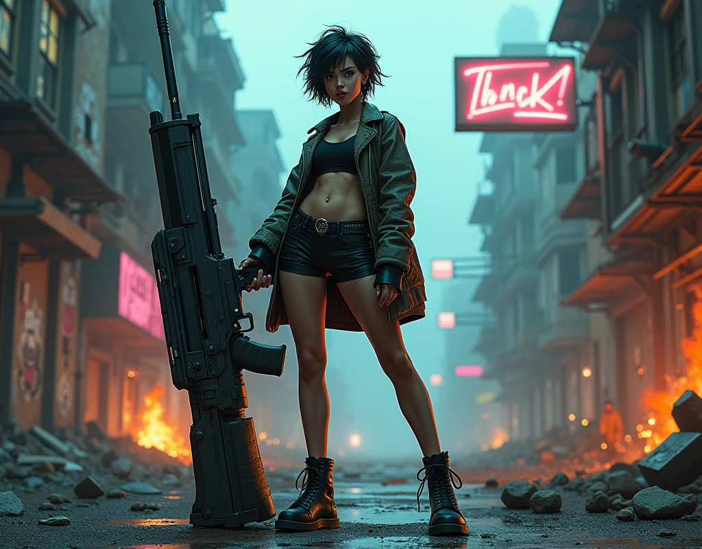 A cool, confident girl with a rebellious attitude, standing in an urban, post-apocalyptic environment. She has short, messy hair, a fierce expression, and is casually shouldering a gigantic, massively overiszed futuristic weapon. The weapon should be 3 times the size of the girl. Her outfit is a mix of cyberpunk and street style, with neon accents, leather, and metallic details. The background is a gritty cityscape with crumbling buildings, graffiti-covered walls, and flickering neon signs. The sky is dark and ominous, with a few beams of light cutting through the clouds. The atmosphere is tense, with a sense of impending action, and the scene is filled with small details like scattered debris, smoldering ruins, and distant city lights