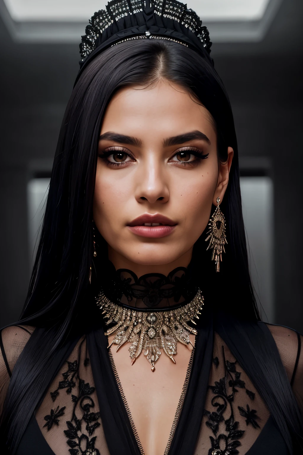realistic portrait of an extremely beautiful Colombian woman, wearing a tight black Nadia Long Sleeve Scoop Back Midi Dress, wearing a choker, detailed facial features, piercing eyes, wearing a headdress, elegant long eyelashes, beautiful lips, delicate nose, intricate jewelry, dramatic lighting, highly detailed, photorealistic, 8k, cinematic composition, dramatic pose, masterpiece