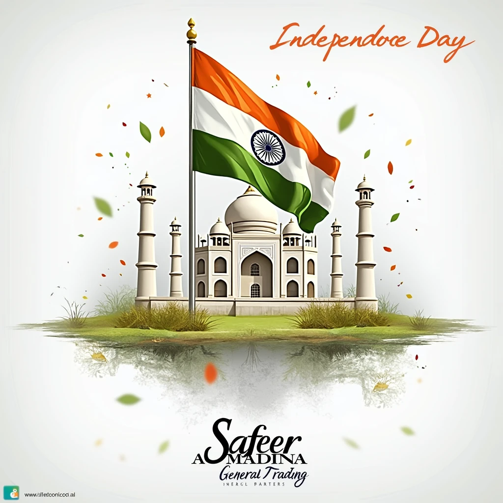 August 15 Independence day poster with safeer al madina general trading written on top corner as company name, no peoples, no writtings except safeer al madina with bold character and geral trading with normal character, indian real small flags,