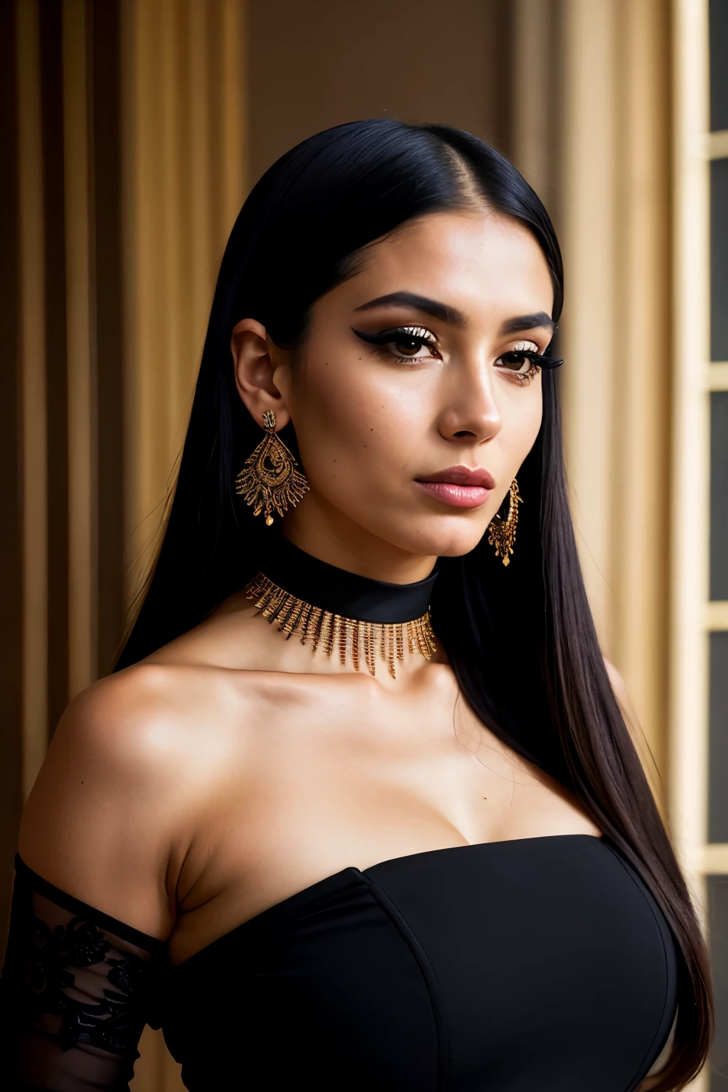 realistic portrait of an extremely beautiful Colombian woman, wearing a tight black Nadia Long Sleeve Scoop Back Midi Dress, wearing a choker, detailed facial features, piercing eyes, wearing a headdress, elegant long eyelashes, beautiful lips, delicate nose, intricate jewelry, dramatic lighting, highly detailed, photorealistic, 8k, cinematic composition, dramatic pose, masterpiece