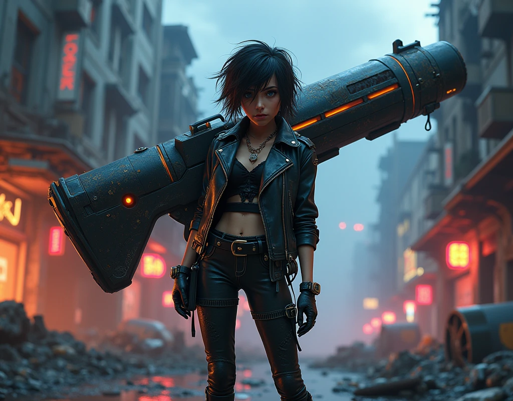 A cool, confident girl with a rebellious attitude, standing in an urban, post-apocalyptic environment. She has short, messy hair, a fierce expression, and is casually shouldering a gigantic, massively overiszed futuristic weapon. The weapon should be 3 times the size of the girl. Her outfit is a mix of cyberpunk and street style, with neon accents, leather, and metallic details. The background is a gritty cityscape with crumbling buildings, graffiti-covered walls, and flickering neon signs. The sky is dark and ominous, with a few beams of light cutting through the clouds. The atmosphere is tense, with a sense of impending action, and the scene is filled with small details like scattered debris, smoldering ruins, and distant city lights