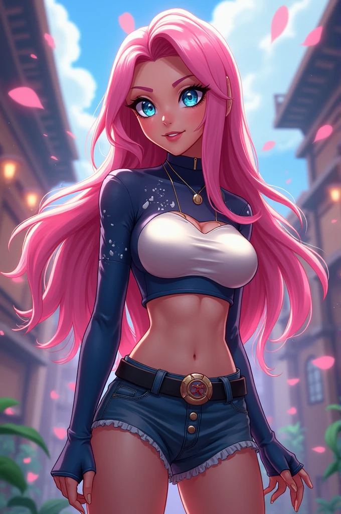 You can make brawl stars melody with these features?
- anime style - Long pink hair - Blue eyes - Medium height - Big chest - Thin waist - Long legs Design of an artistic representation.