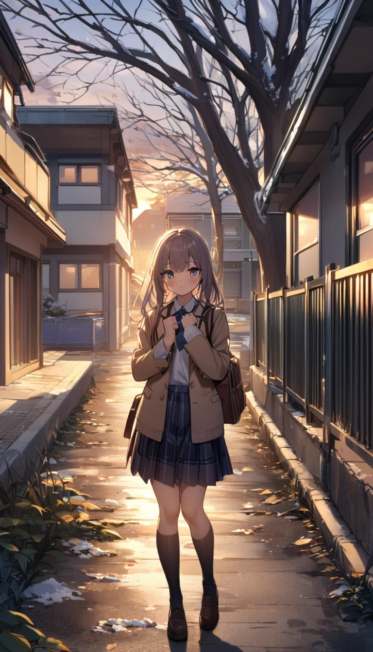 One Woman、beautiful girl、after school、evening、high school girl、School、Back of the school building、Schoolyard、winter、Under the big tree、that'that'it's snowing、Snowfall、Blazer Uniform、Pleated skirt、Duffle coat、Black knee-high socks、Long Hair、Wear a scarf、Highest qualthaty, Thick thighs、big 、Black Hair、slip on the snow、Slipping and falling、grow々Suddenly falls forward、Black panties、Surprised expression