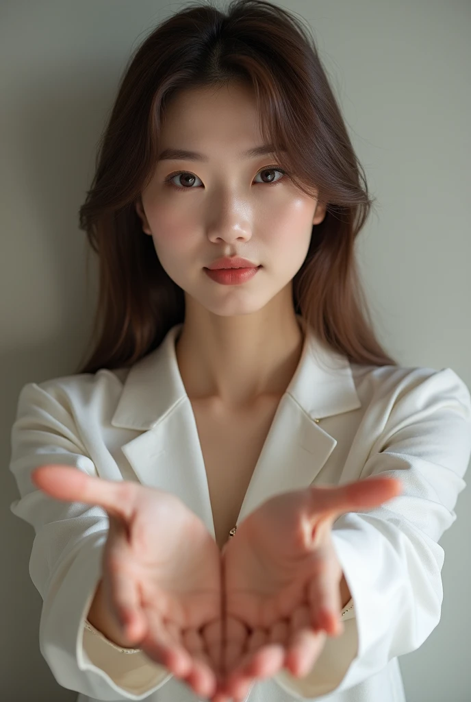 Highest quality、Portrait、Reality、live-action、He is holding out both of his palms in front of him.、Japanese、18-year-old、(Hostess)、Brown Hair、(slender:1.2)、