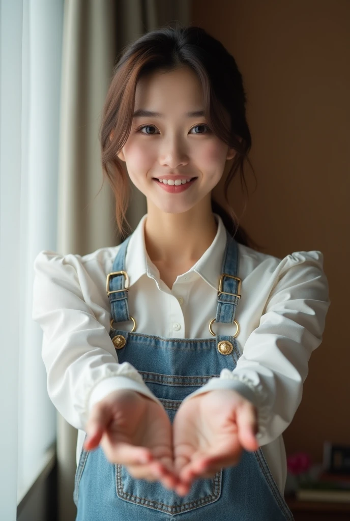 Highest quality、Portrait、Reality、live-action、He is holding out both of his palms in front of him.、Japanese、18-year-old、(Hostess)、Brown Hair、(slender:1.2)、