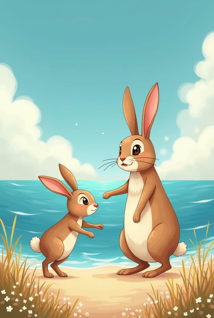 You are a picture book illustrator，Please refer to the following names，draw illustrations：Tells the story of a big rabbit and a little rabbit comparing who loves each other more。
✨The little rabbit tries its best to spread its arms、Jump high，Trying every way to describe their love for the big rabbit with various body movements and visible scenery。
🌙And the big rabbit always uses its longer arms、Higher jumps，And there is a vast sky and a deep sea to respond to the little rabbit。
💖Every comparison makes people feel endless love，Let children experience the love of their parents is infinitely deep and broad in reading。
🎈It's not only suitable for children to read，It can also remind adults of those warm parent-child moments。
💕Highly recommended to all moms and dads，Feel this deep love with your child！