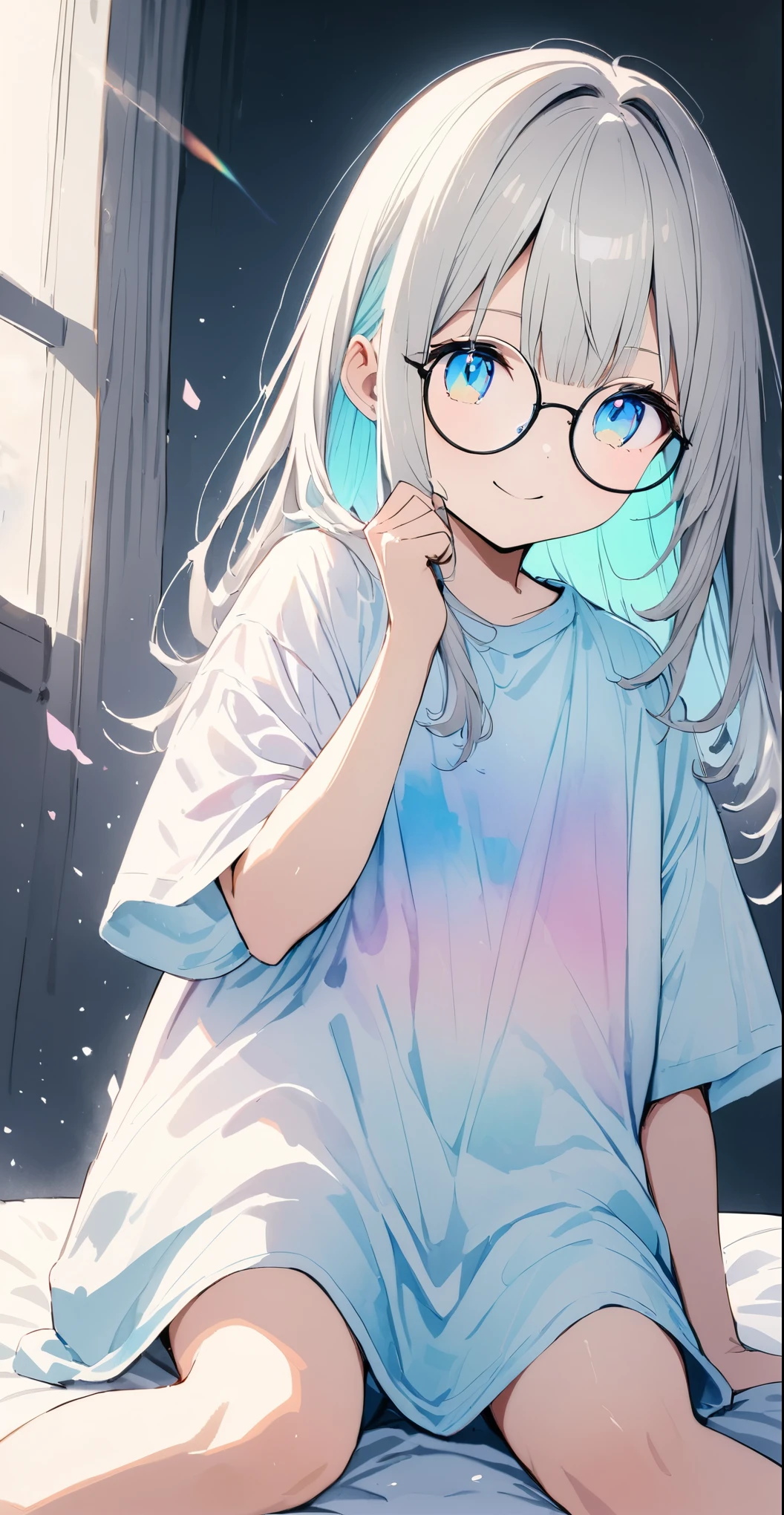Momoko Sakura Style、8K quality、Intense watercolor, Detailed watercolor art, Pink watercolor splash, surreal, Very cute girl, ((She wears an oversized shirt, underwear with cute horizontal stripes, and large round glasses.)、(silver hair color、straight hair、A pastel-colored inner color hairstyle with a gradation that makes the tips of the hair look like the same color, and a delicate touch.), Beautiful Hair, facial contour, Remember, splash, Lens flare、Dim lighting、illumination、natural color, High resolution, Very delicate, Very detailed, 8k、(朝)、hotel、Shy smile、bed、((sexuell))、View from knee