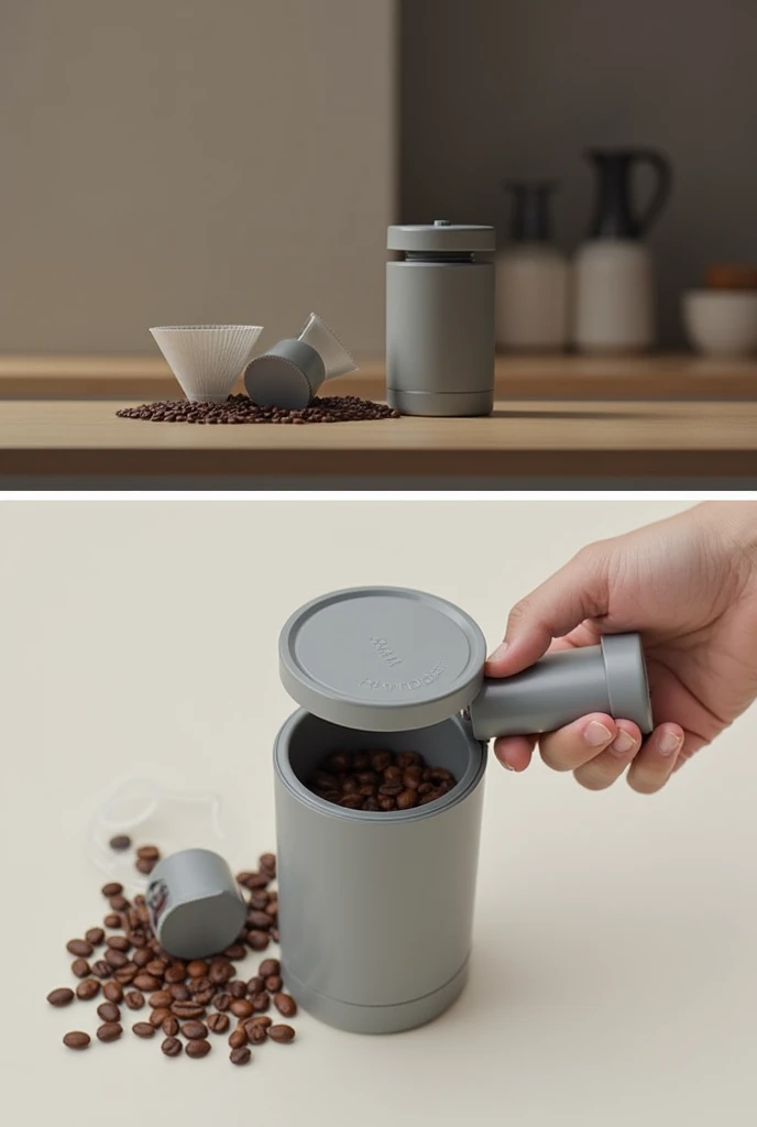 Create an 8 cm high mug with a screw-on lid, that incorporates a space at the bottom to insert coffee beans and grind them with a small grinder, next to the cup put several coffee filters of the same diameter as the cup. Please do it without a logo