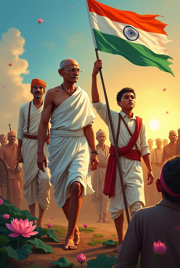gandhibapu with boys flagging indian flag in himalaya