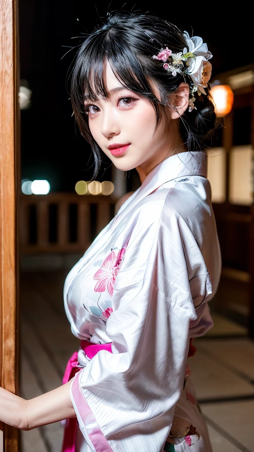 (logo、masterpiece、8k、Tabletop、RAW Photos、wonderful、最high quality、フォトリアリスティックでVery detailedな CG 複合 8k 壁紙、high quality、Very detailed、Narrative poem、Particle Effects、Dynamic Effects、Depth of the Boundary、Cinematic Light、Lens flare、Ray Tracing）、 (One beautiful woman wearing a yukata、White yukata、Light purple pattern)、Black-haired、High definition skin、Very fine、Fine skin texture、Beautiful Face、True Face、Beautiful details in the eyes、Realistic eyes、Beautifully detailed eyes、Realistic Skin、Beautiful Skin、Surreal、Smiling Eyes、Hair and light eyes、vivid、Colorful lights and bokeh、plump lower lip、Pink Lips、Hair flutters in Wind、Hair bounces、wonderful景色、night、evening、Wind、moonlight、moonlight、light