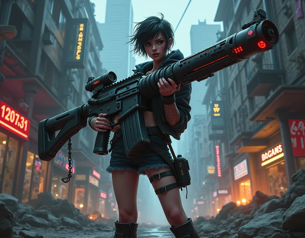 A cool, confident girl with a rebellious attitude, standing in an urban, post-apocalyptic environment. She has short, messy hair, a fierce expression, and is casually shouldering a gigantic, massively overiszed futuristic weapon. The weapon should be 3 times the size of the girl. Her outfit is a mix of cyberpunk and street style, with neon accents, leather, and metallic details. The background is a gritty cityscape with crumbling buildings, graffiti-covered walls, and flickering neon signs. The sky is dark and ominous, with a few beams of light cutting through the clouds. The atmosphere is tense, with a sense of impending action, and the scene is filled with small details like scattered debris, smoldering ruins, and distant city lights