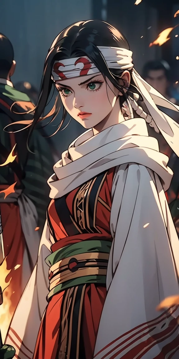 masterpiece, highest quality, 1 girl, closed eyes. Create a dynamic portrait of a young Japanese warrior woman in three-quarter view, facing slightly to the right. Her eyes are closed in deep concentration, eyebrows slightly furrowed. Long, silky black hair is tied high on her head, with a few strands escaping to frame her face. A white headband with a round green gem sits on her forehead. Her pale skin has a soft glow, with a hint of pink on her cheeks and lips. She wears a white kosode (kimono-style top) with wide sleeves and a red hakama (pleated skirt-like pants). A green and yellow obi (sash) is tied around her waist. Dark arm wraps cover her forearms. She grips a katana with both hands, the blade crossing diagonally in front of her body from lower left to upper right. The sword's hilt is ornate, featuring green wrapping and gold accents. The character is in motion, her clothing and hair flowing dramatically. White and red fabric billows behind her, creating sweeping curves that contrast with the straight line of the sword. The background is dark and atmospheric, with hints of orange and red suggesting fire or embers. Sparks or small flames float in the air around her. Lighting is dramatic, with a strong light source from the upper left casting shadows and creating a rim light effect on the character's right side. The overall style should blend traditional Japanese art with modern fantasy illustrations, emphasizing clean lines and a sense of movement and power.
