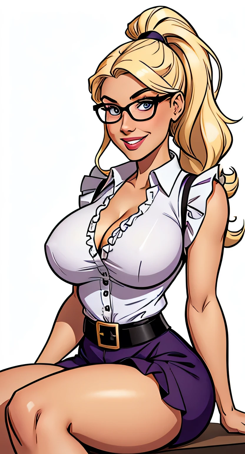 Thin woman, 4K (High definition), beautiful smiling, Professor wearing a black vest over a purple v-neck button-down shirt. (with ruffles), black belt, long white curly hair, Caucasian skin, round glasses, blonde hair with round ponytail, sitting, eyes browns, busty. comic style, white background.