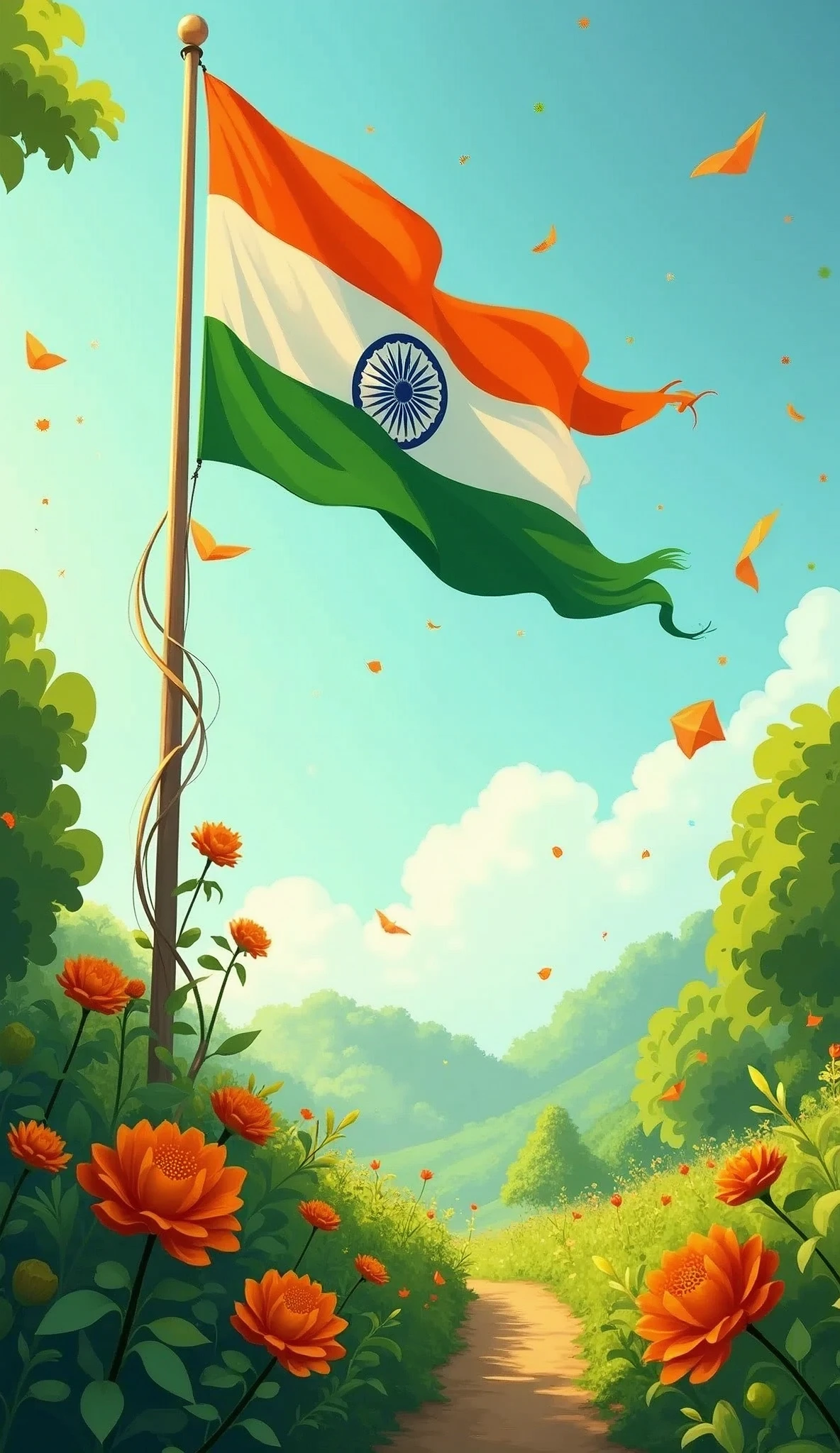 15 august independence day picture with indian flag and tricolor and creativity with greenery and lots of creativity do not add taj mahal