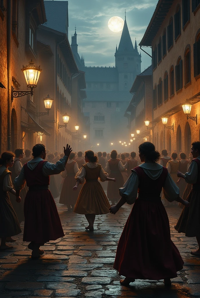 Several people dancing frantically in the middle of the street at night in the city of Strasbourg in the 1500s