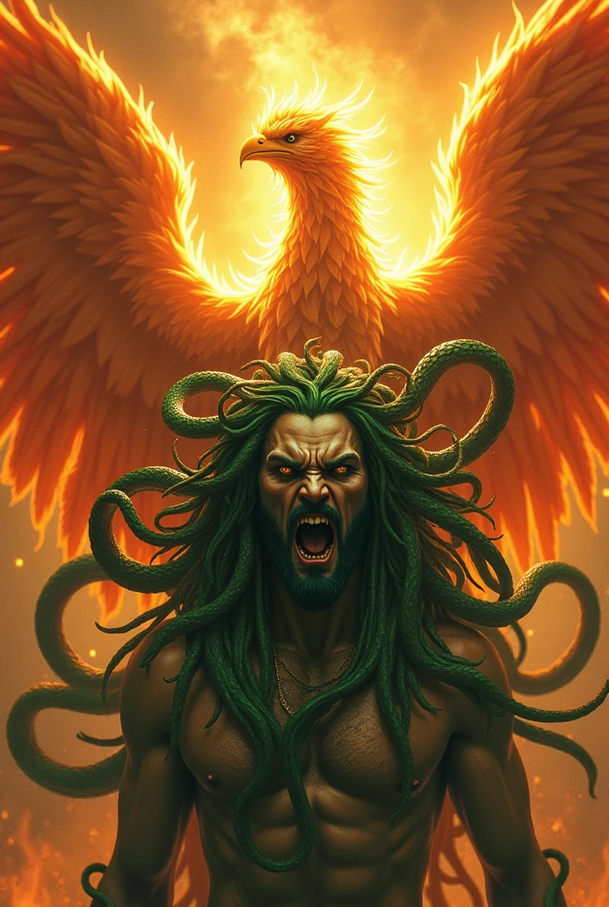 I want the Medusa to be very scary and fierce, with penetrating gaze, green and spitting venom from her snakes and behind her a phoenix, showing how it is reborn from its ashes and with its soul very extended and with fire wings and let both beings have a shine that their brightness is noticeable, let's say the Medusa's green and the phoenix's firelight yellow.On the contrary, the giant phoenix and the medusa should appear very large and with a bold pose., that the phoenix behind her is more noticeable and with fire wings, that the Fire is very noticeable, LET THE PHOENIX AND ITS FIRE BE NOTICED, MORE THAN THE SNAKES AND THE GREEN OF MEDUSA ARE SEEN AND HOW BIG THE PHOENIX IS. More Fire and More Snakessss