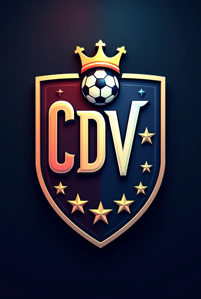 football shield with black colors, Red and blue with the initials CDV with a soccer ball in the center of the top part and with a crown on top of the ball with stars at the bottom of the shield and inside the shield that says Deportivo del Valle all in 2D