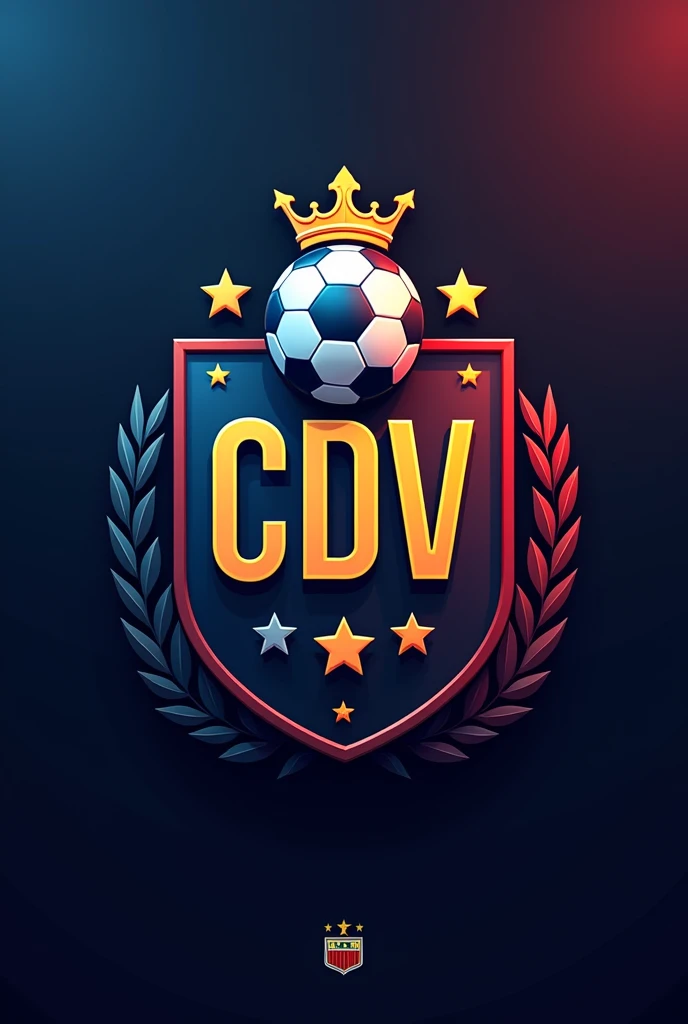 football shield with black colors, Red and blue with the initials CDV with a soccer ball in the center of the top part and with a crown on top of the ball with stars at the bottom of the shield and inside the shield that says Deportivo del Valle all in 2D