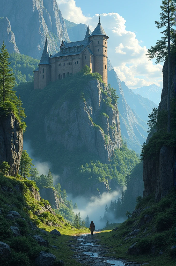 A dungeon from the outside on a mountain with nature around it, seem to lure people in~